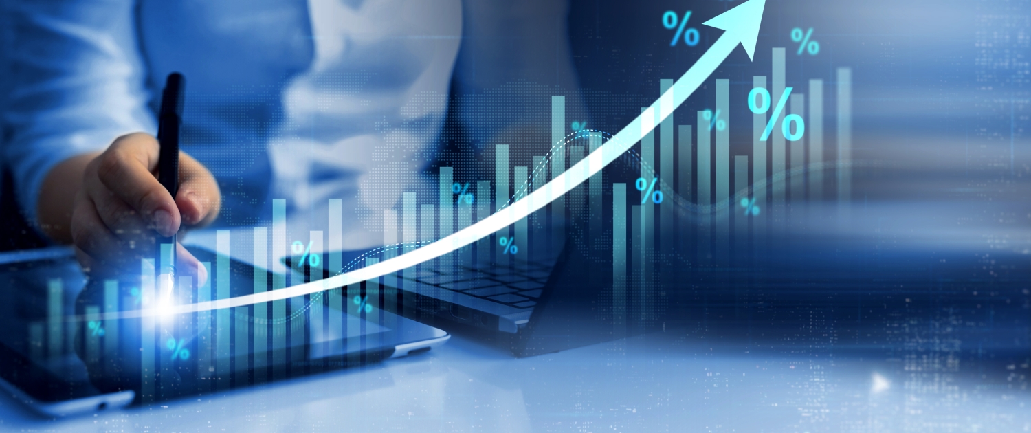Percentage symbol and growth arrow. Interest rates continue to increase, stocks and mutual funds, investment for retirement.Interest rate and dividend.